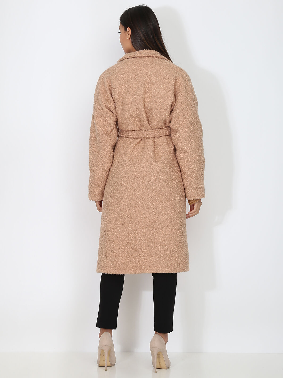 Manteau moutonné et ceinturé- Taupe