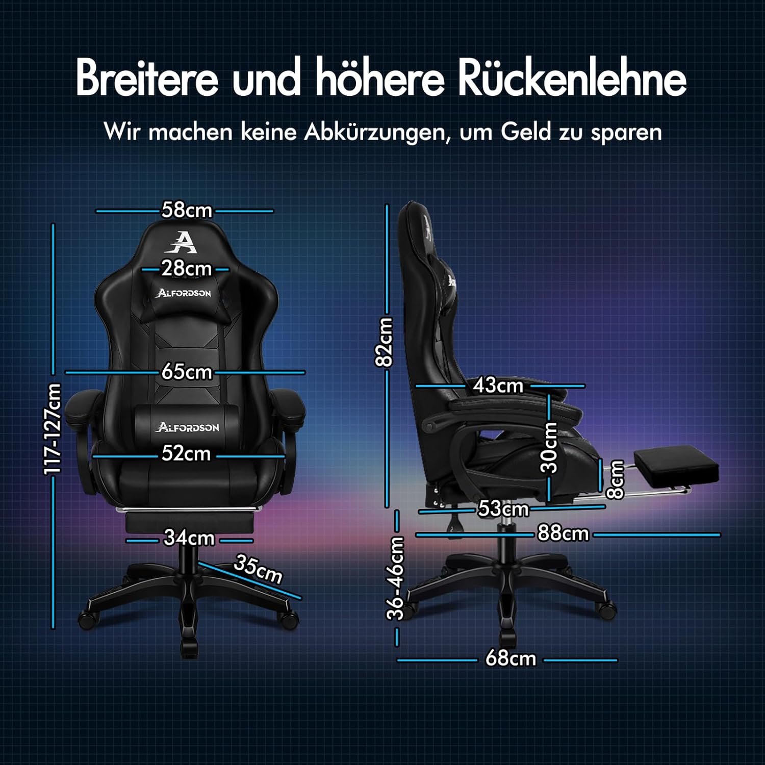 ALFORDSON Massage Gamer Stuhl, Computer Bürostuhl mit Fußstütze, 2-Punkt-Massage Stuhl 180kg Belastbarkeit, 90-150° Rückenlehne einstellbar Ergonomischer PC Stuhl, 360° drehbar, Schwarz