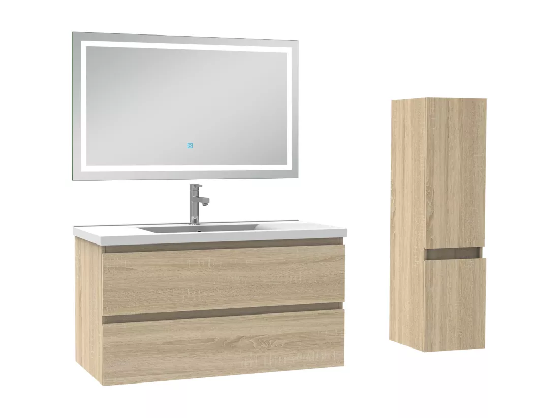 Ensemble meuble salle de Bain 100cm simple vasque avec colonne et miroir 3 couleurs Chêne Wotan
