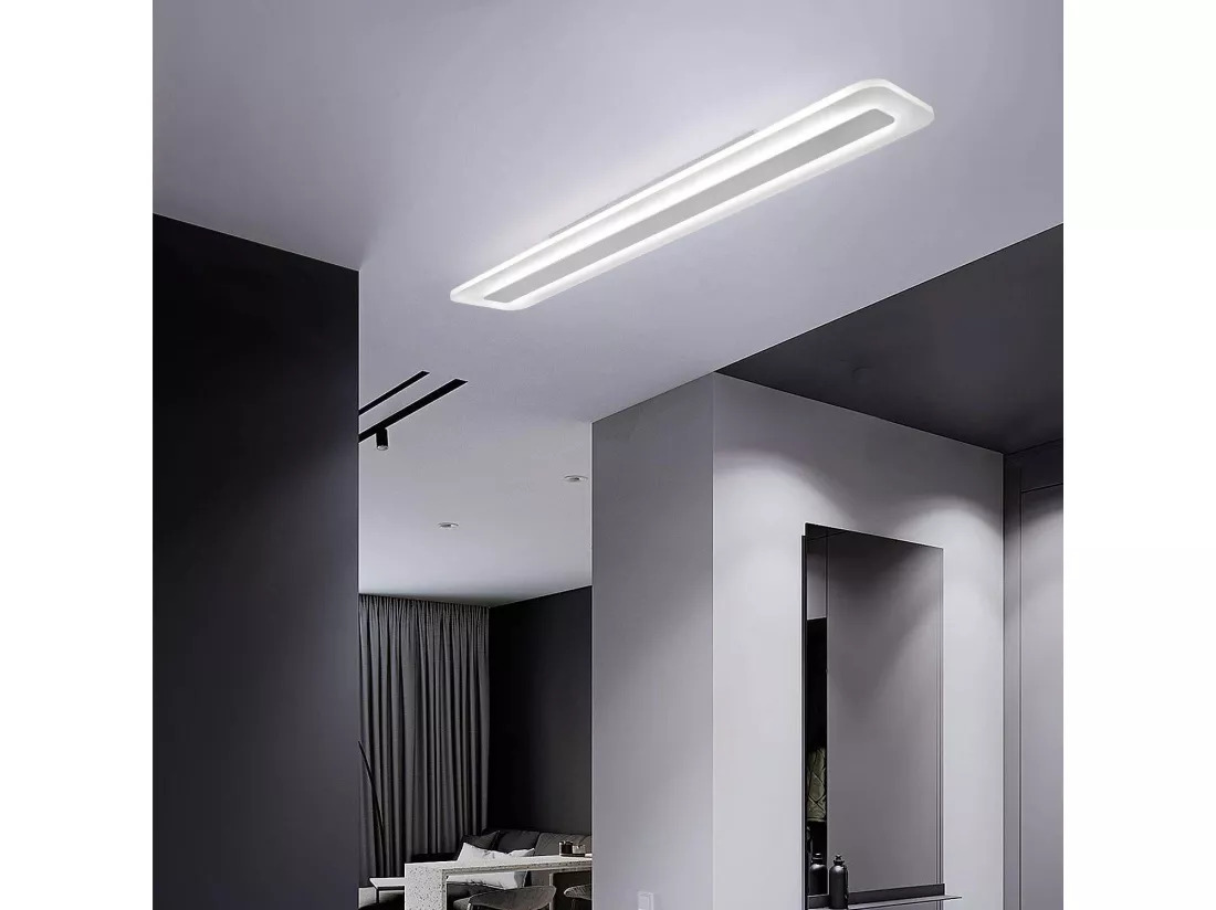 NETTLIFE Plafonnier LED Moderne 80CM Blanc Long Lampe de Dimmable avec Télécommande Plat Acrylique pour Salon Chambre Bureau Cuisine