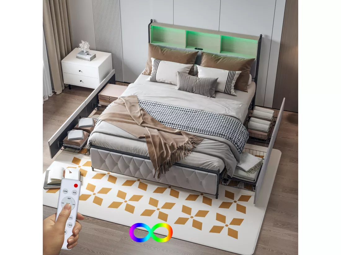 Lit adulte rembourré avec LED et 2 ports de charge USB - 4 tiroirs + sommier à lattes - tissu en velours - 140x200cm - Beige