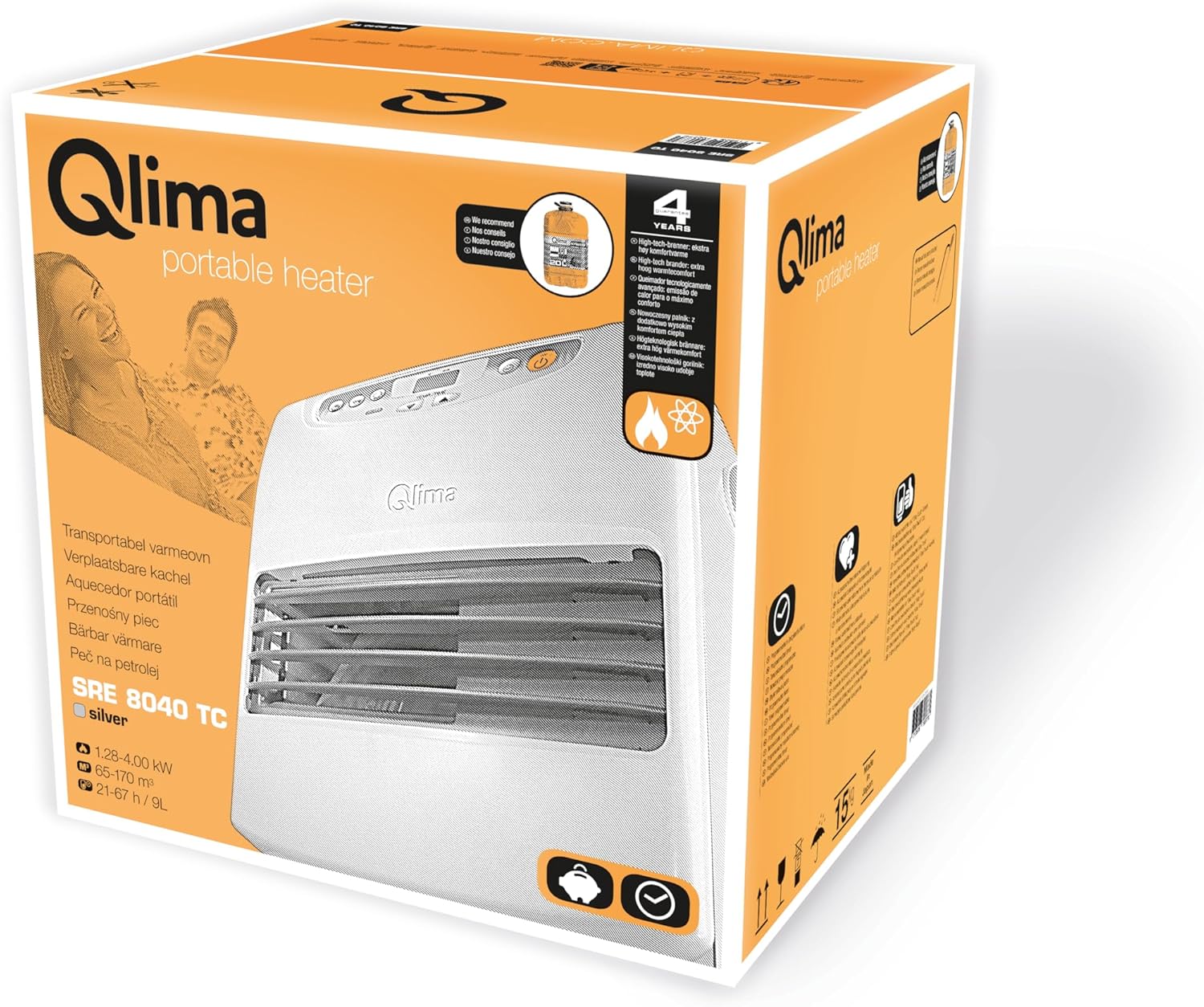 Qlima Paraffin Heizofen - Laser Kachel - mobil (12,1 kg), Thermostat & Timer, Fuzzy Logic & Spaarmodus, Kindersicherung & Kippschutz - für Innenräume & Camping - SRE 8040 TC – Silber