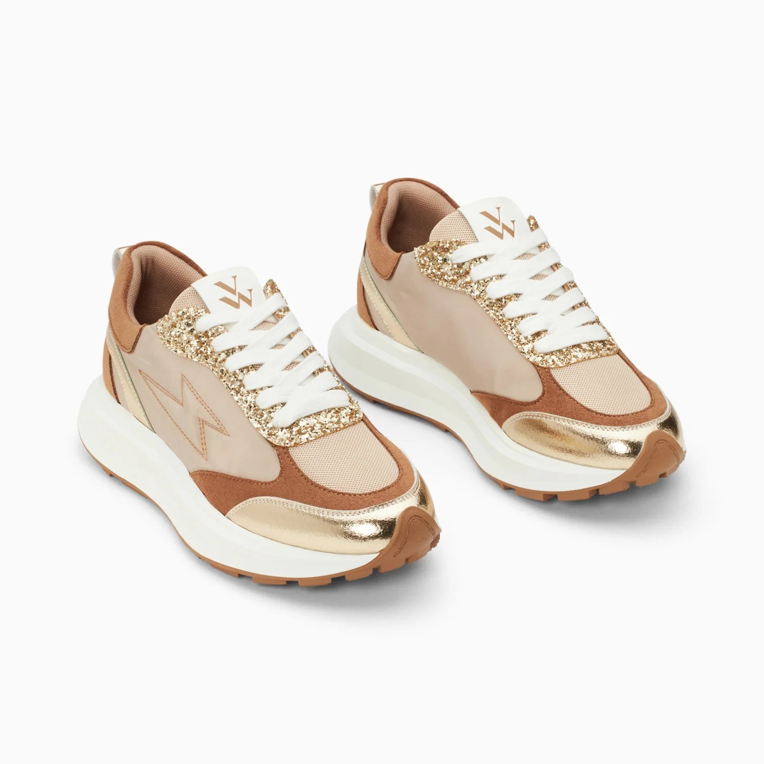 Sneakers-Baskets éclair Esther beige et or à semelle oversize