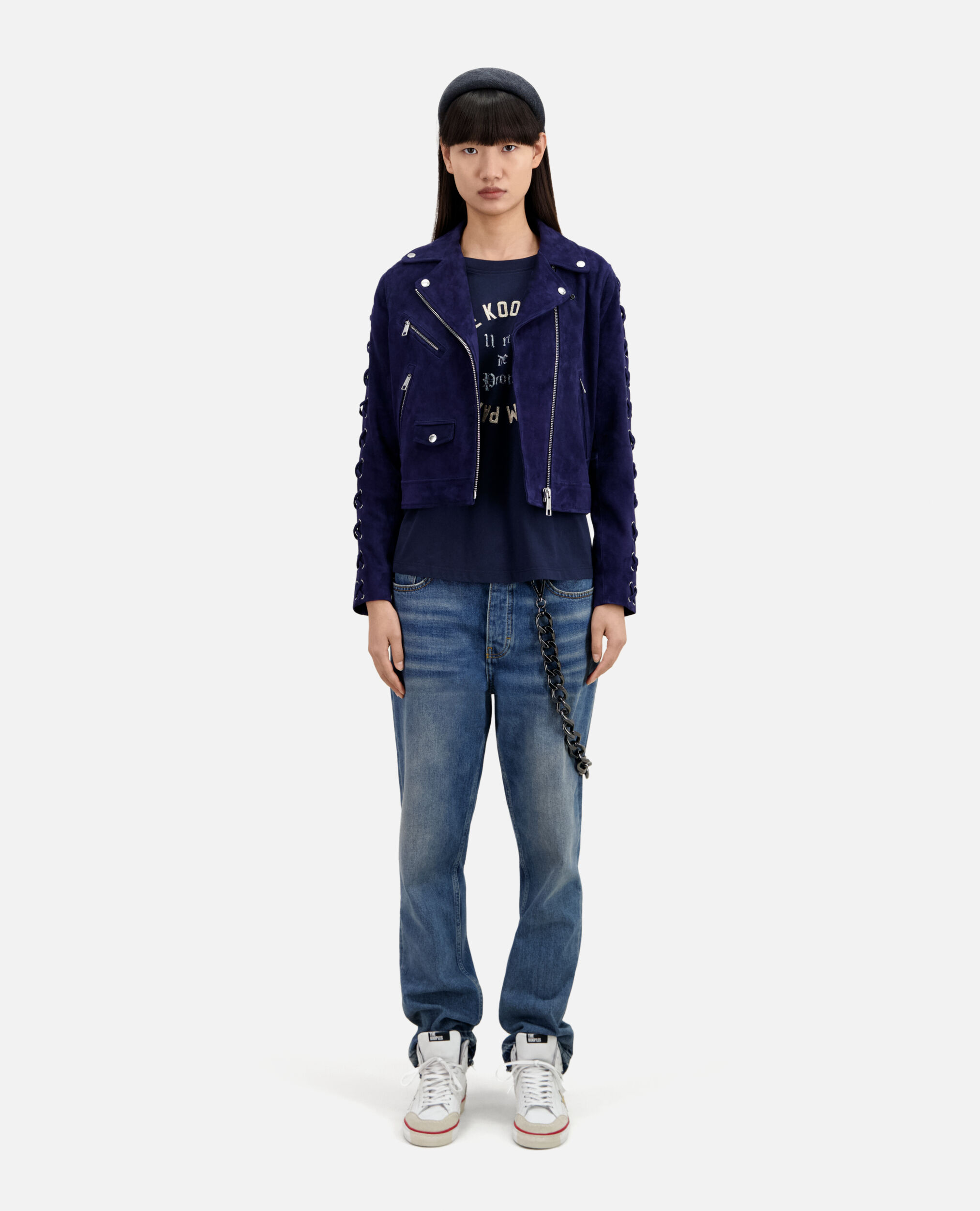 Navy blue suede leather biker jacket