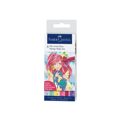 Faber-Castell Pitt Artist Pen Manga Shôjo - 6 Feutres pinceaux à pointe souple à l'encre de Chine - couleurs assorties