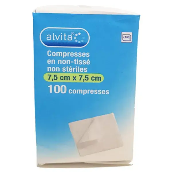 Compressas não estéreis de tecido não tecido Alvita, 7,5 x 7,5 cm, 100 unidades.
