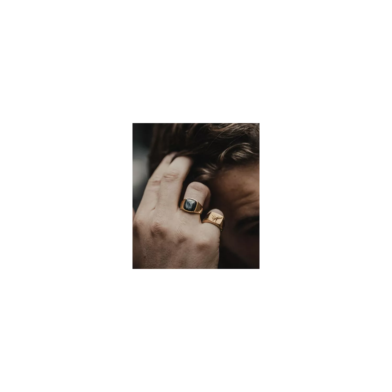 IX Studios Cushion Signet Hawks Eye Ring 22 kt. Forgyldt Sølv DMN0282GDHE