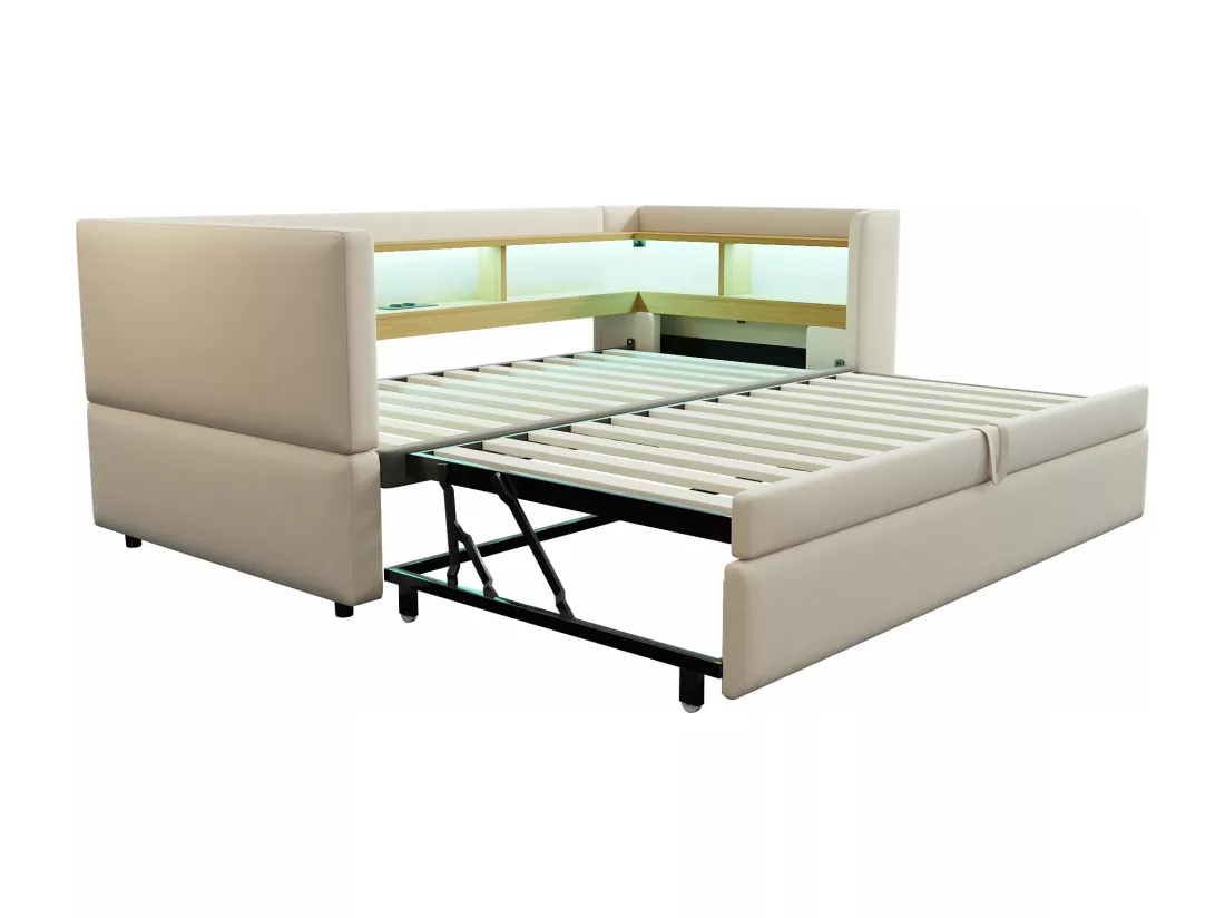 Canapé convertible capitonné 90/180x190 cm - avec éclairage LED - avec prise - multiples rangements - beige (matelas non inclus)