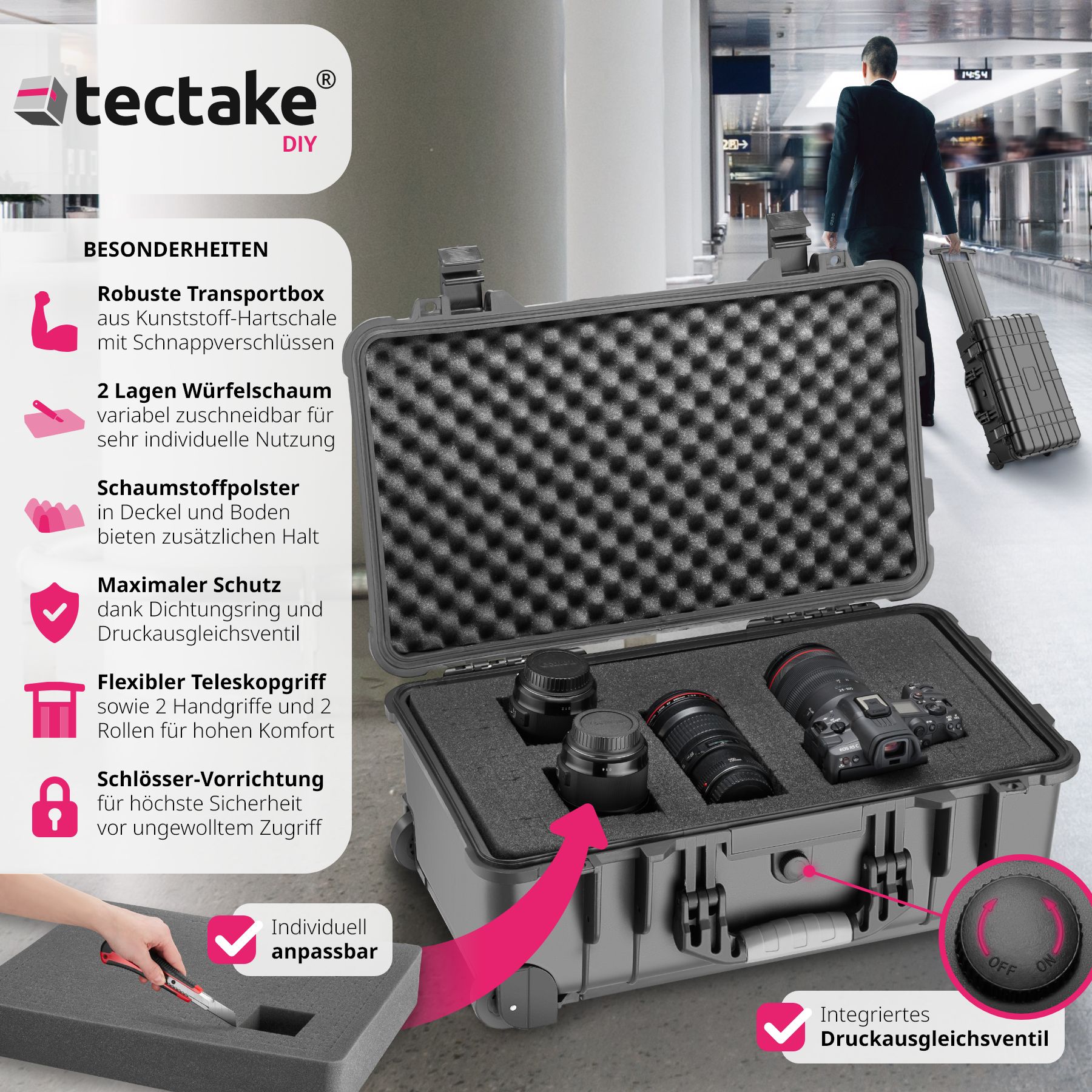 tectake® Transportkoffer, aus robuster Hartschale mit 3 dicken Schaumstoffeinlagen, in verschiedenen Größen erhältlich, wasserdicht und temperaturbeständig, 34,5 x 23 x 56 cm