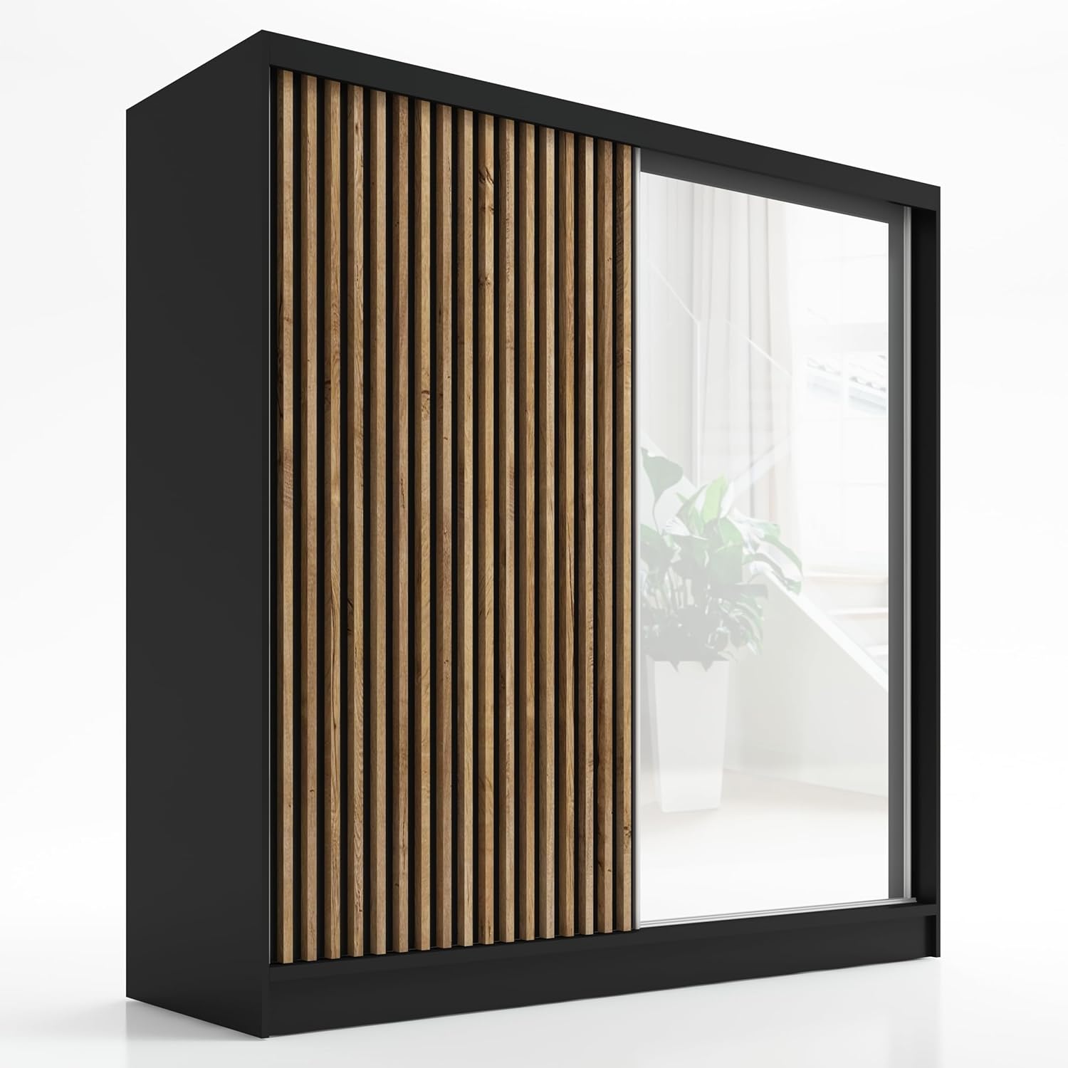 A&J MöbelLand Schwebetürenschrank LINA Kleiderschrank 200 cm mit Spiegel, 3 Schubladen & 3D-Lamellen (Schwarz)