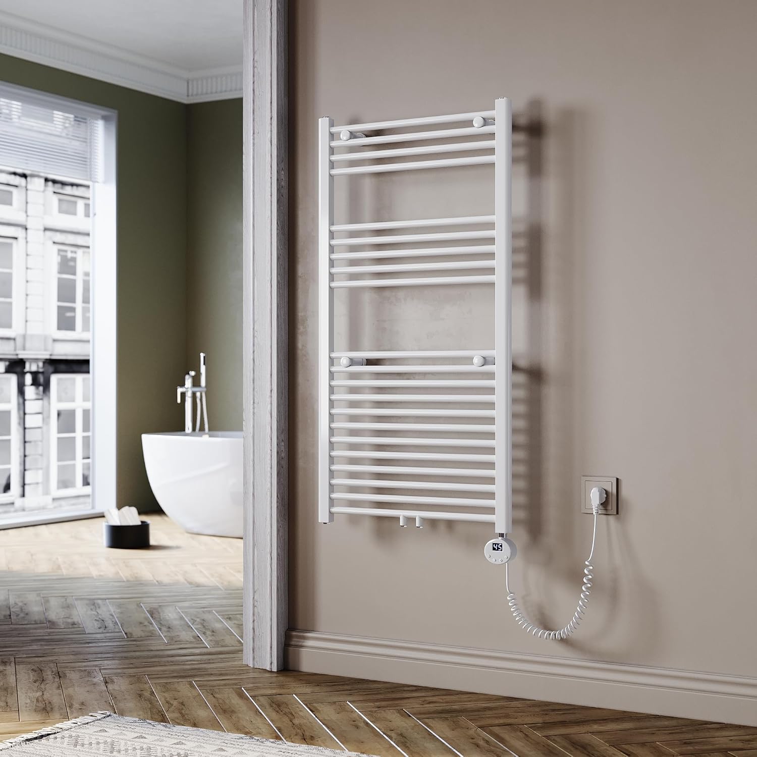 Badheizkörper Elektrisch Weiß 1150x600 mm Handtuchheizkörper Elektrisch mit Mini-Thermostat Auswählbar Panel Handtuchhalter Wasser Mittelanschluss 600 Watt