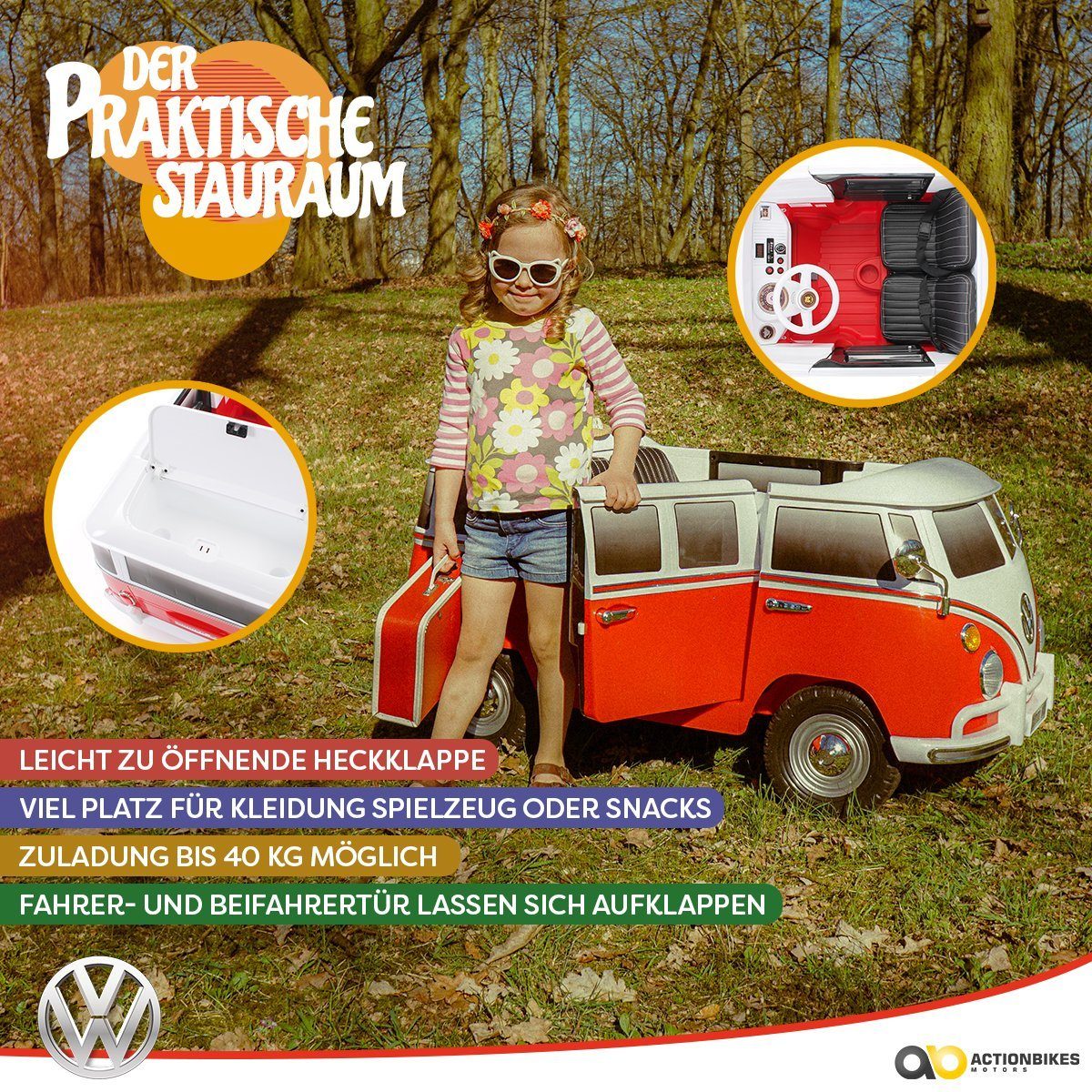 Carrinho elétrico infantil Actionbikes Motors, modelo VW Bus Bulli T1, capacidade de carga de 40 kg (2 unidades), pneus de borracha maciça EVA - VW Bulli - a partir de 3 anos.