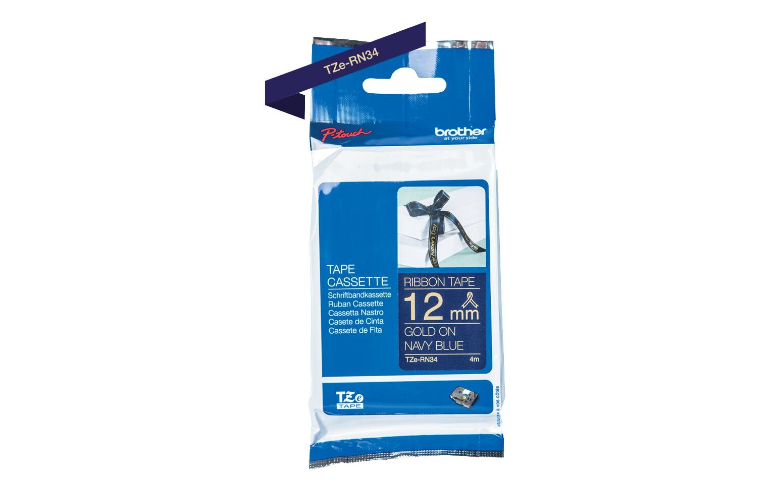 Beschriftungsband TZe-RN34 Gold auf Blau12 mm-Beschriftungsband für Etikettendrucker