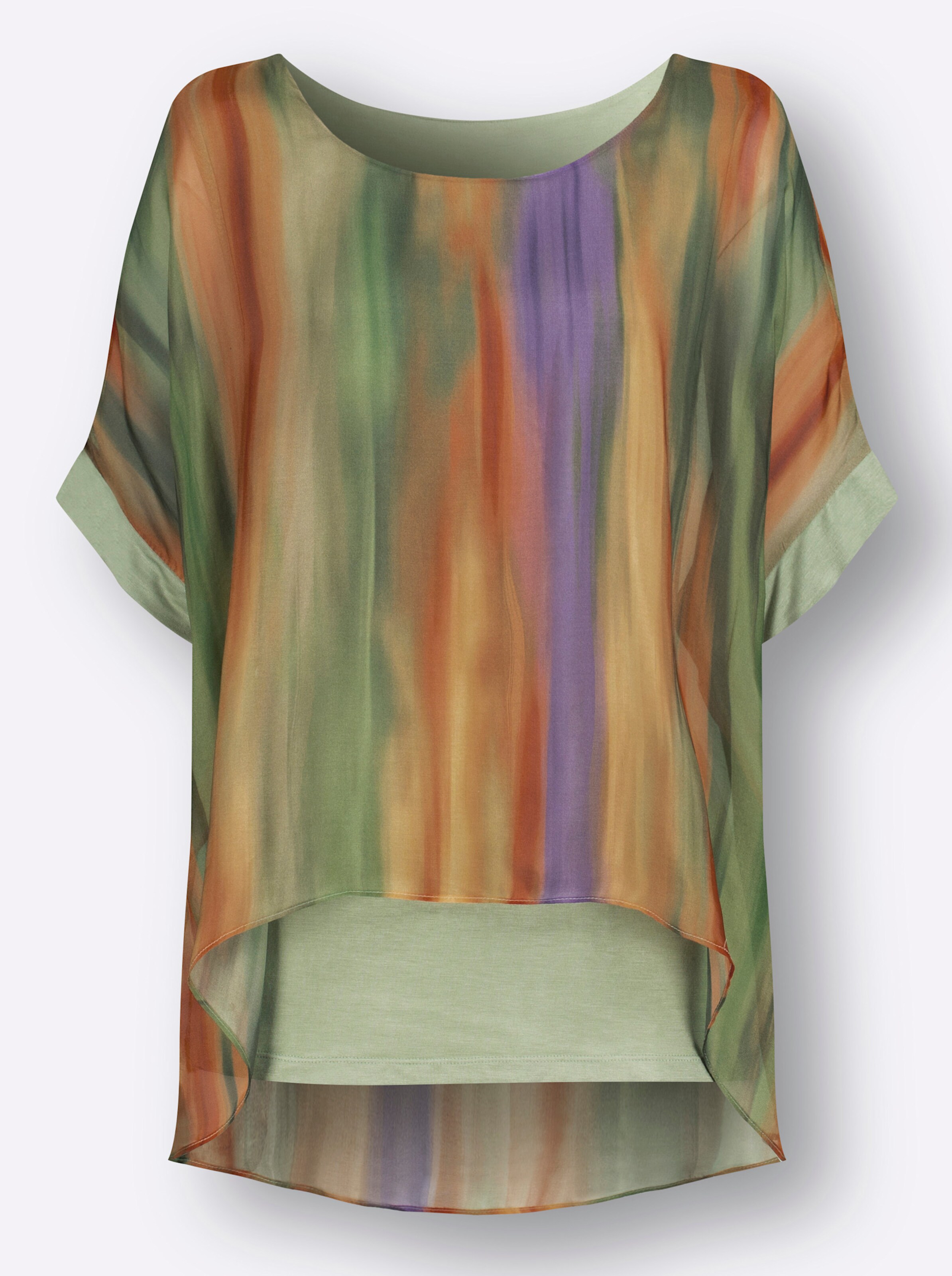 Longbluse in oliv-papaya-bedruckt