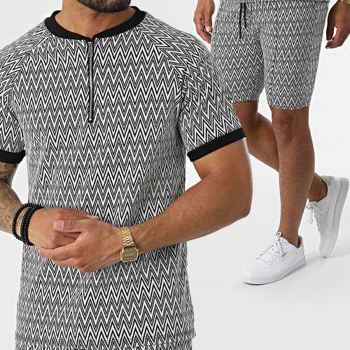 Ensemble Tee Shirt Col Zippé Et Short UY853 Blanc Noir