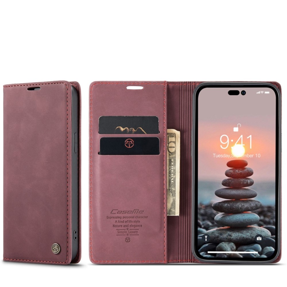 iPhone 14 Pro Max Leder Tasche Flip Wallet Etui mit Kartenfächern - Dunkelrot