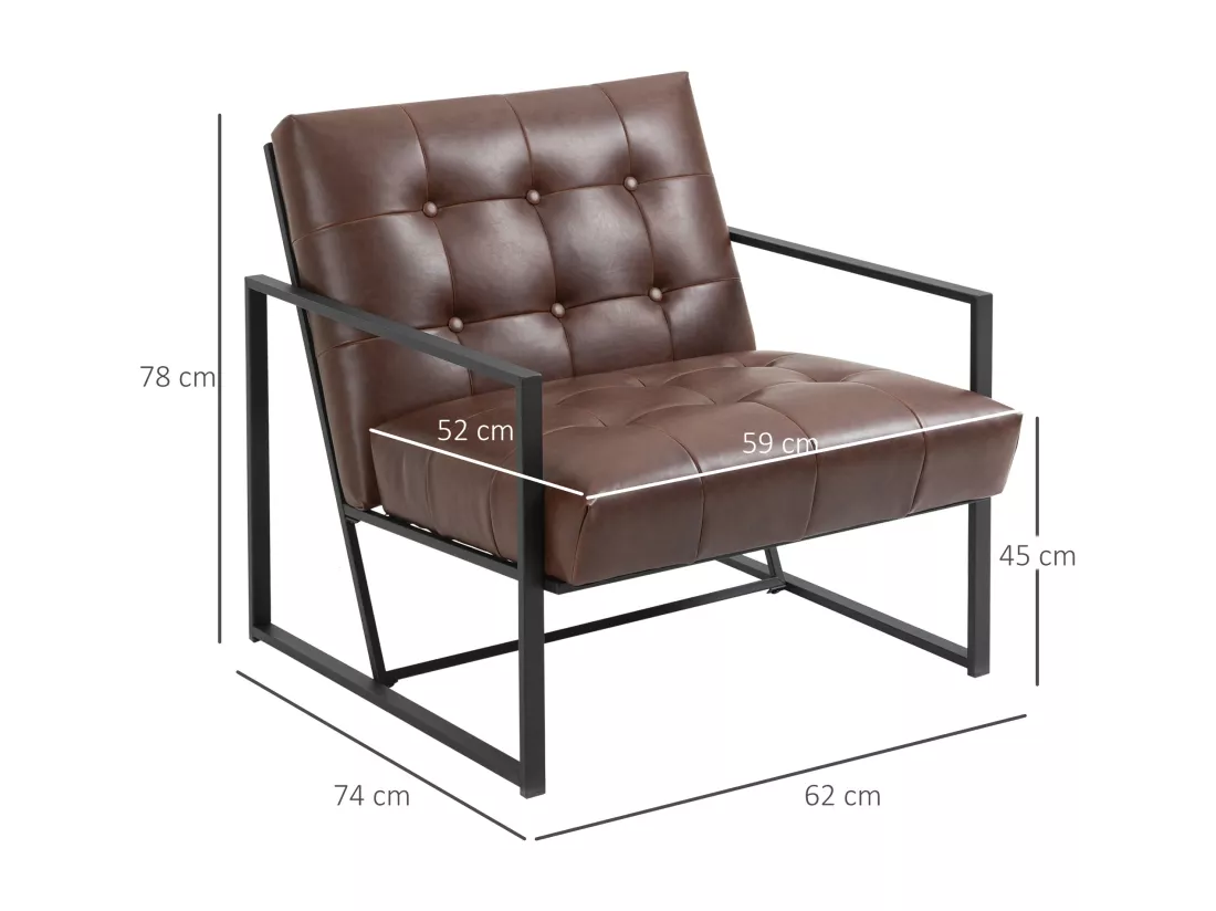 Fauteuil lounge Chesterfield assise dossier capitonnés structure métal noir revêtement synthétique chocolat