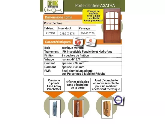 Porte D'Entrée Bois Vitrée, Agatha, H,215Xl,80 P,Gauche Cote Tableau
