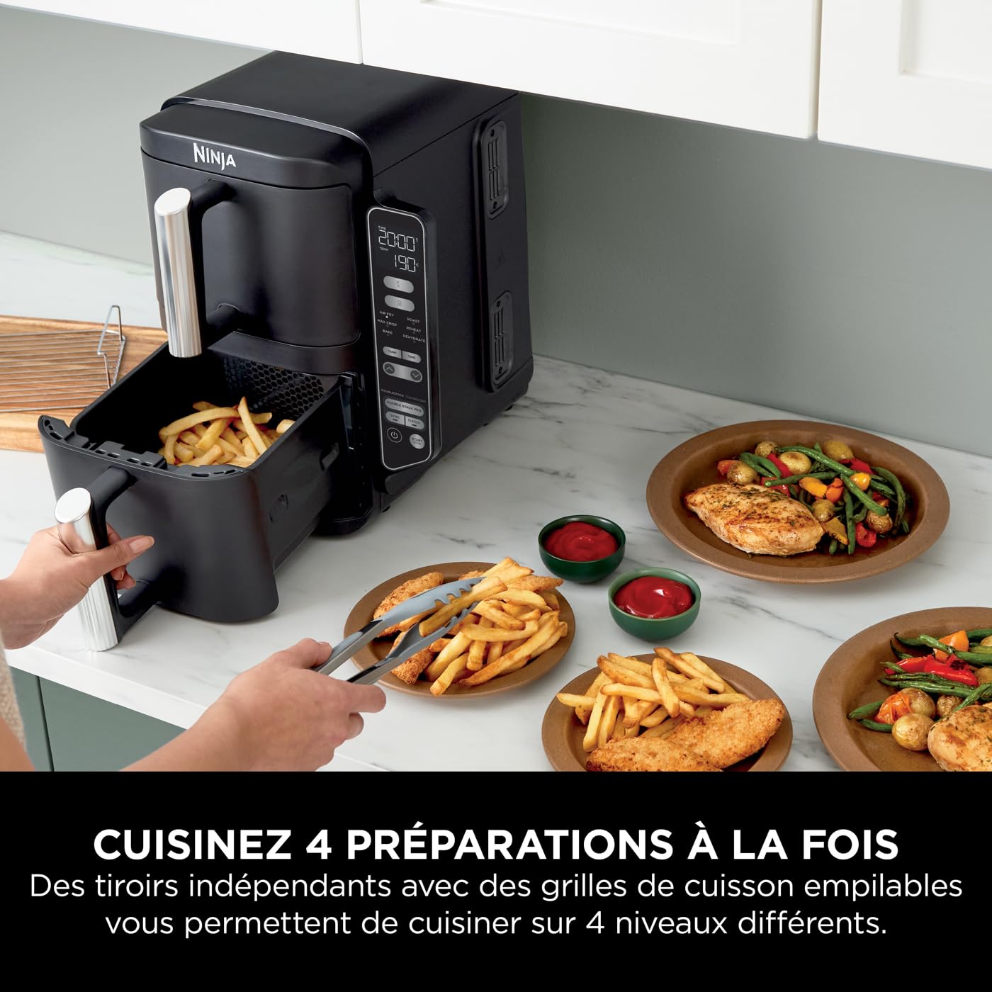 Ninja Double Stack Air-Fryer, Friteuse verticale sans huile à 2 tiroirs, 4 niveaux cuisson, 2 tiroirs et 2 grilles, design compact, capacité de 7,6L,