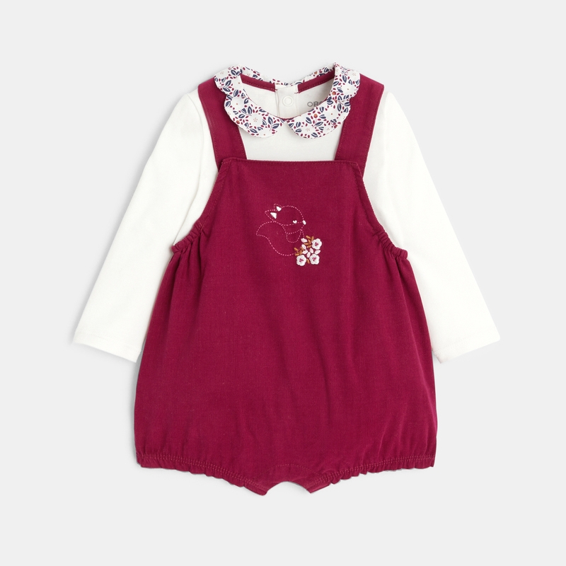 Salopette en velours et body petit col fleuri rose naissance