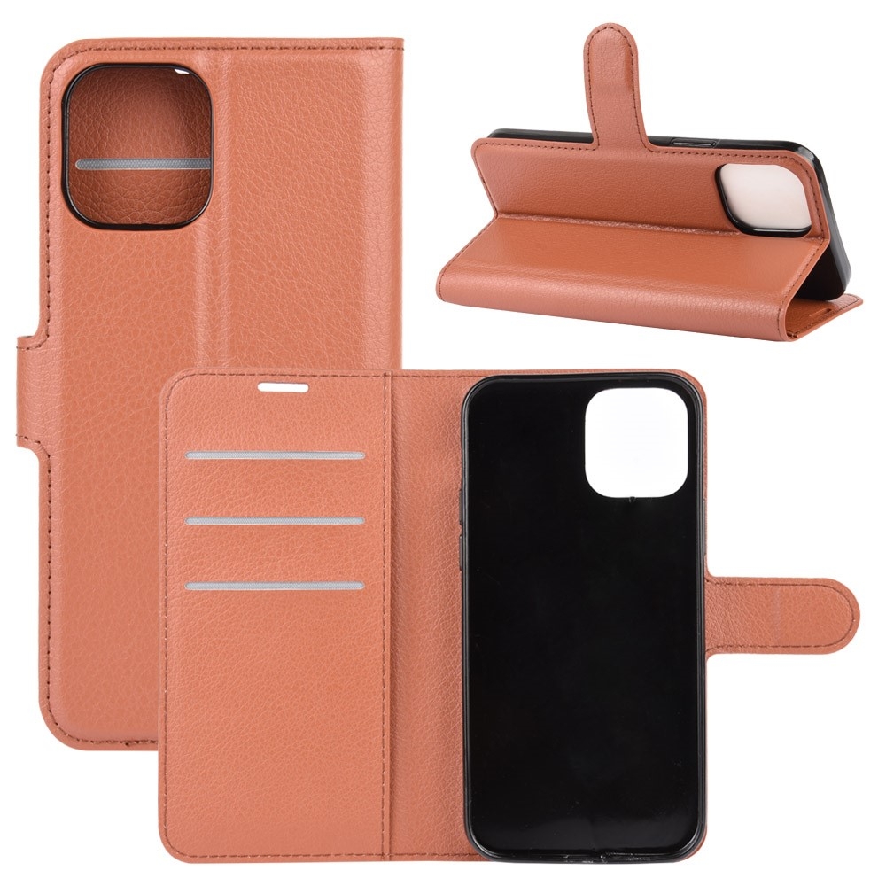 iPhone 12 / iPhone 12 Pro Leder Tasche Flip Cover Litchi Look - Braun