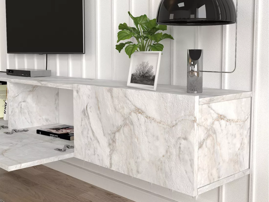 Meuble TV suspendu avec 3 portes - Effet marbre blanc - VIKILA
