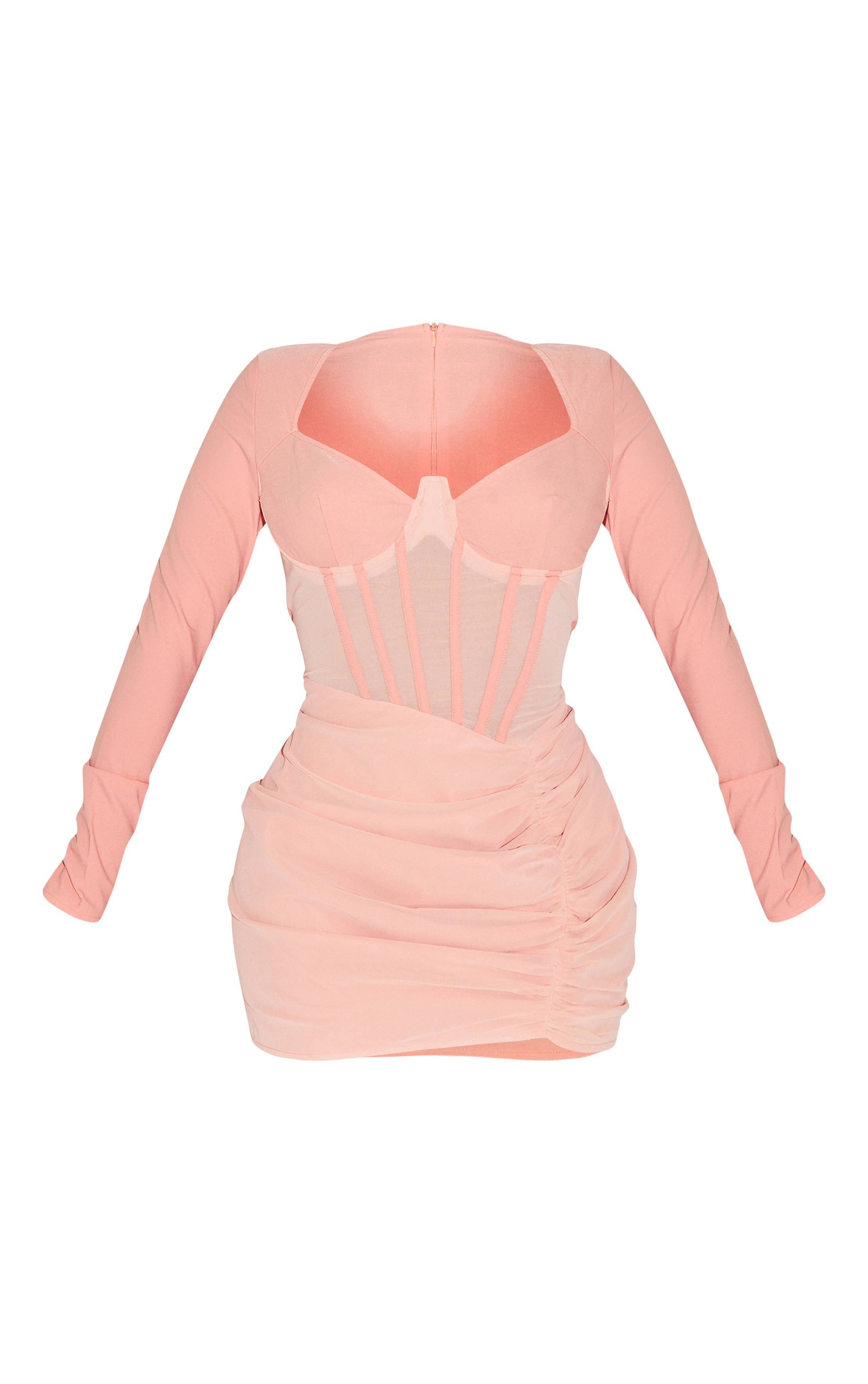 Abricot Robe Moulante Mini À Empiècements Résille Avec Corset Et Fronces Latérales