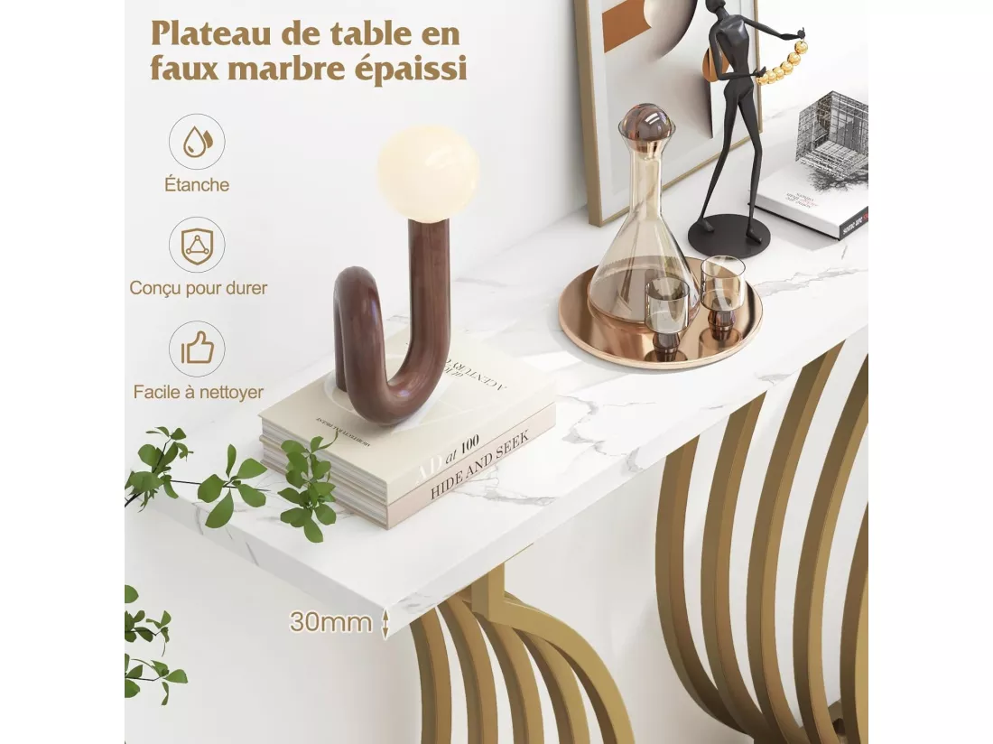 Table Console en Faux Marbre 100 cm, Console Entree Design Géométrique Moderne, Cadre en Métal Doré, Kit Anti-Basculement Inclus, 100 x 29,5 x 80,5 cm