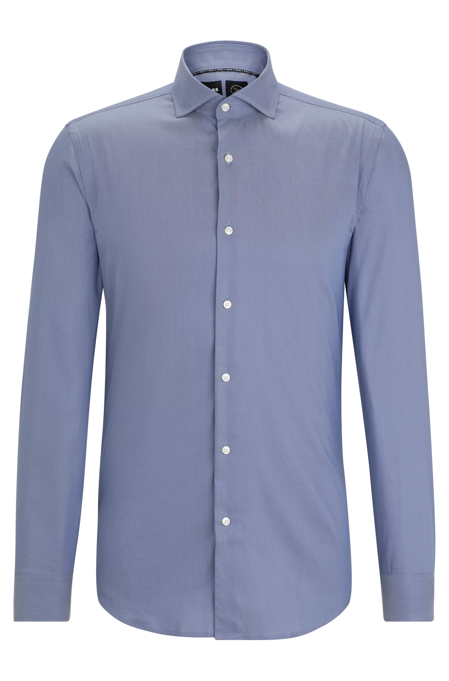 Camisa BOSS preta de corte slim em tecido estruturado de alta performance com elasticidade.