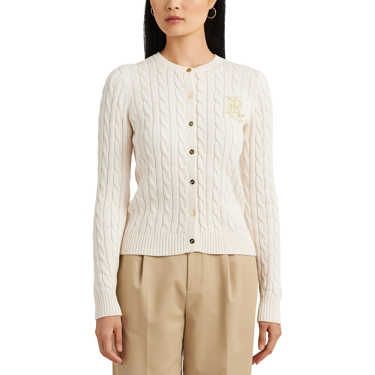 LAUREN RALPH LAUREN<br>Cardigã com tranças, gola redonda e fechamento por botões RALHAN