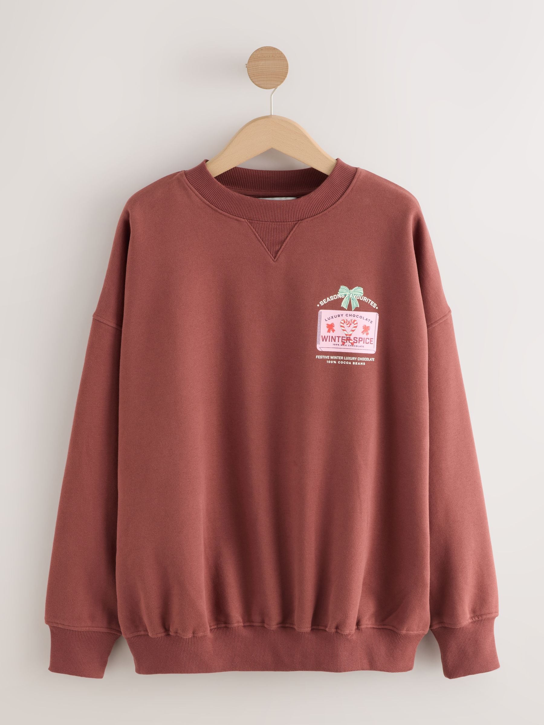 Chocoladebruin - Seizoenssweatshirt met ronde hals, lange mouwen en katoenrijke grafische Kerstmis