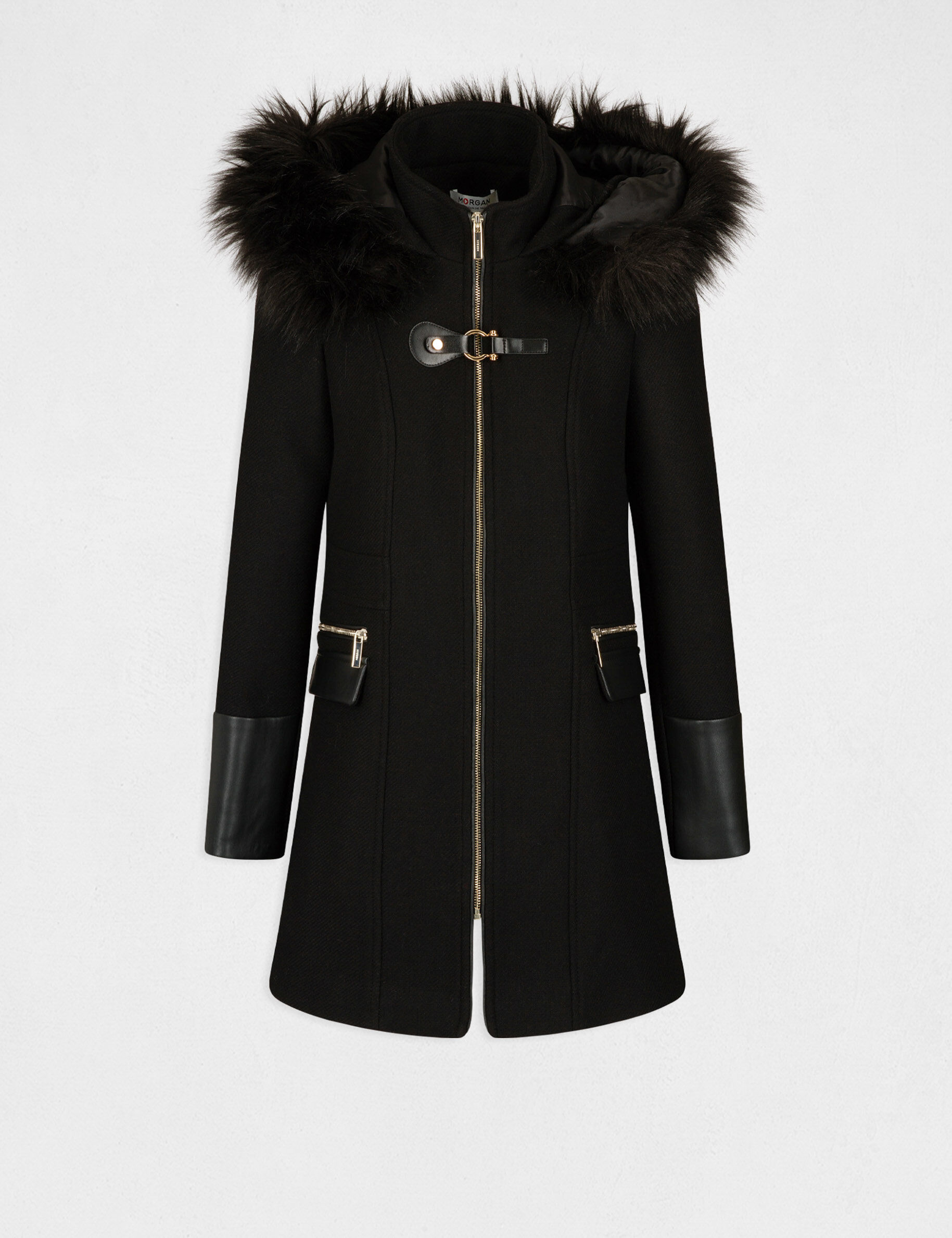 Manteau droit zippé à capuche noir femme - noir