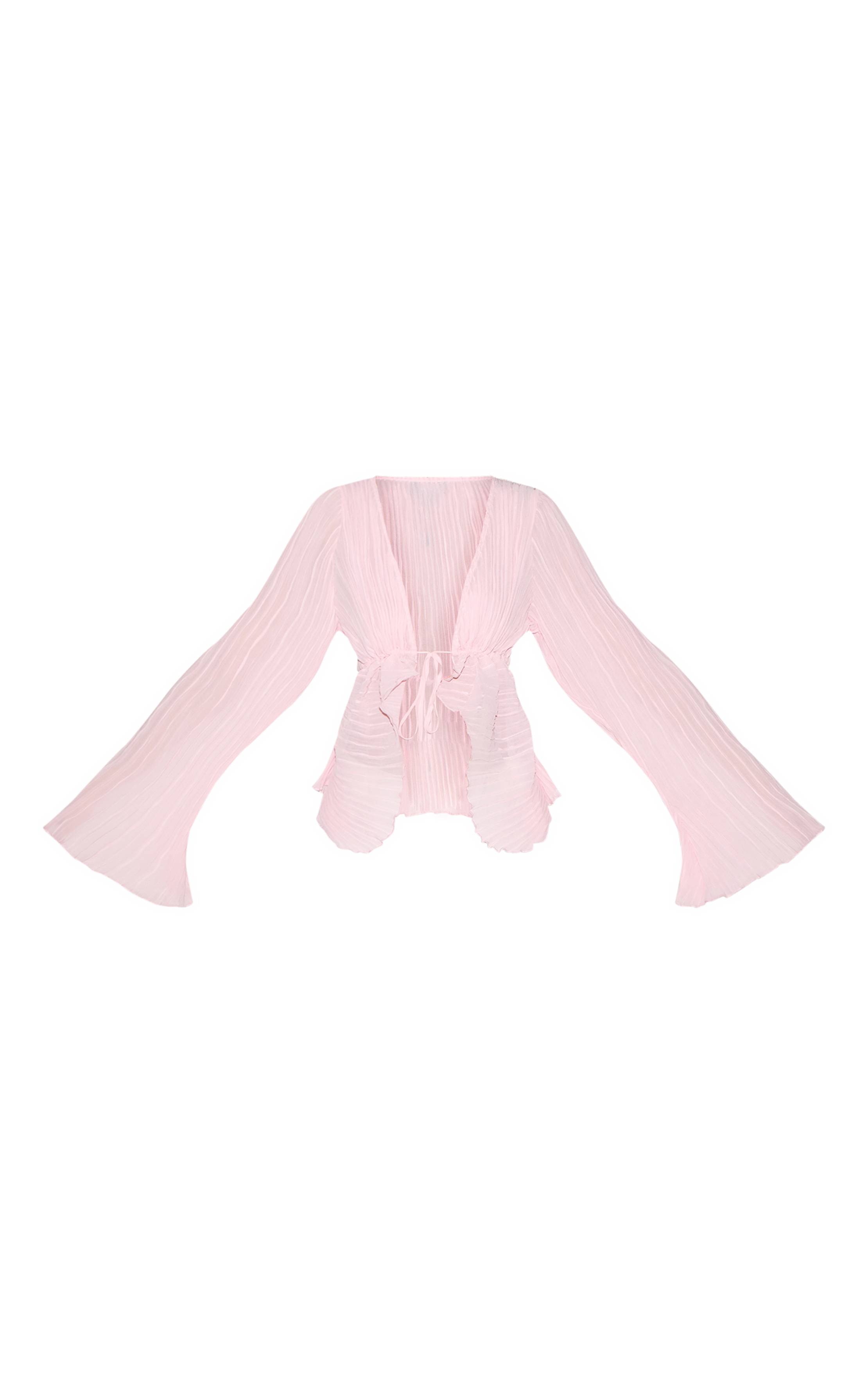 Rose Pâle Chemisier En Plissé Transparent Avec Nœud Devant Et Manches Évasées