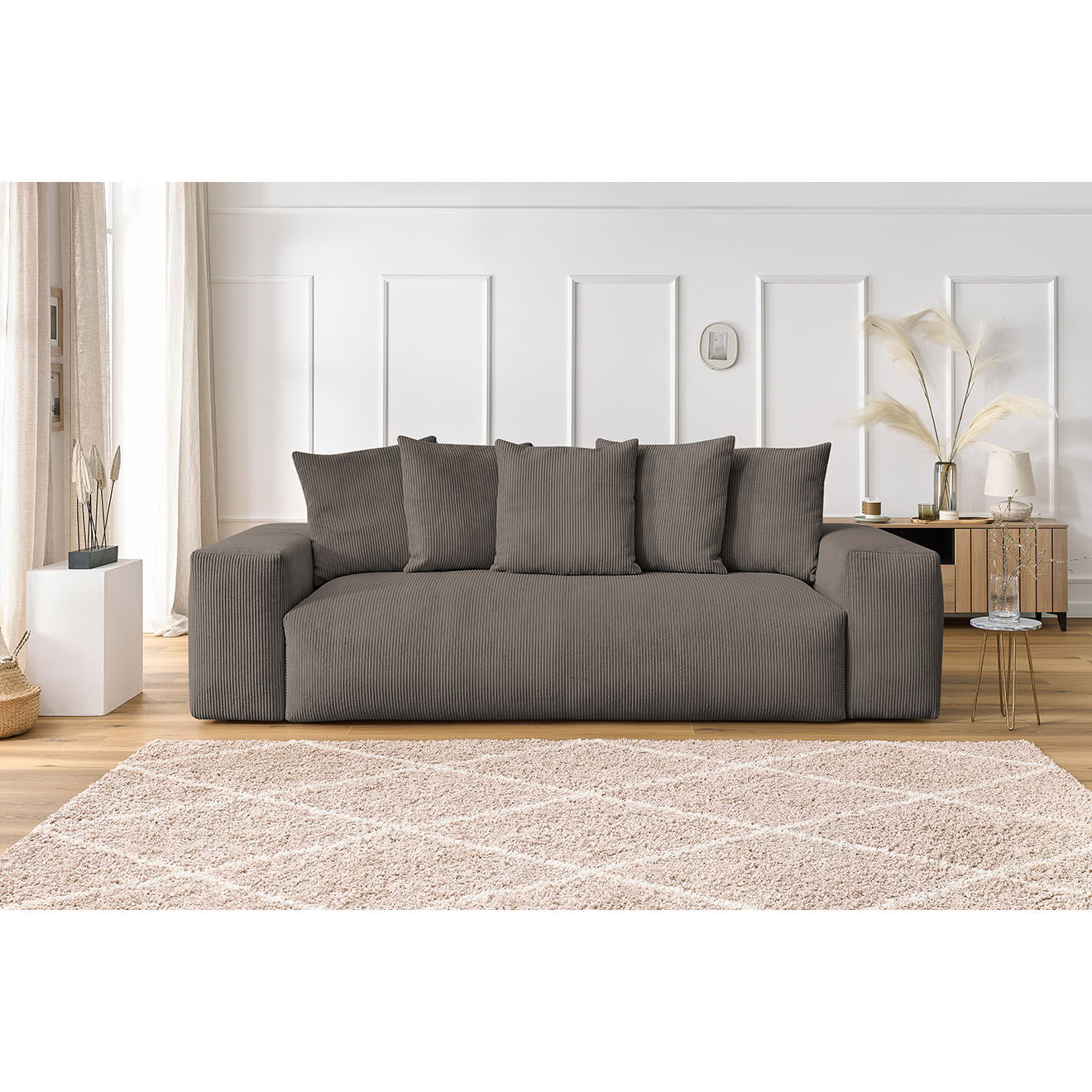 Bobochic Canapé droit fixe 3 places ultra moelleux voltaire velours côtelé taupe - 280x124x75 cm