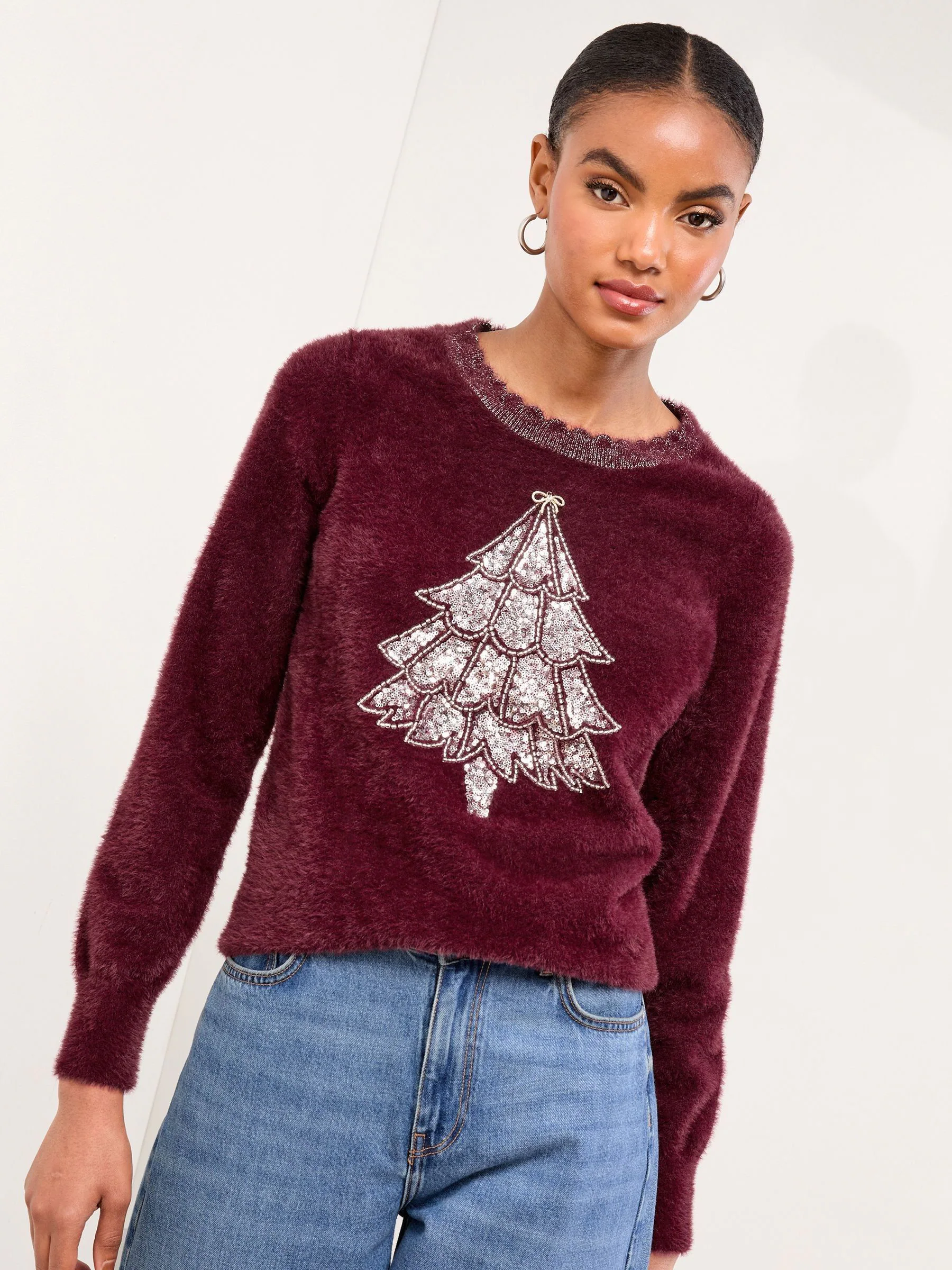 Burgundy Red Tree - Lipsy Christmas Crew Neck Eyelash Knitted Jumper