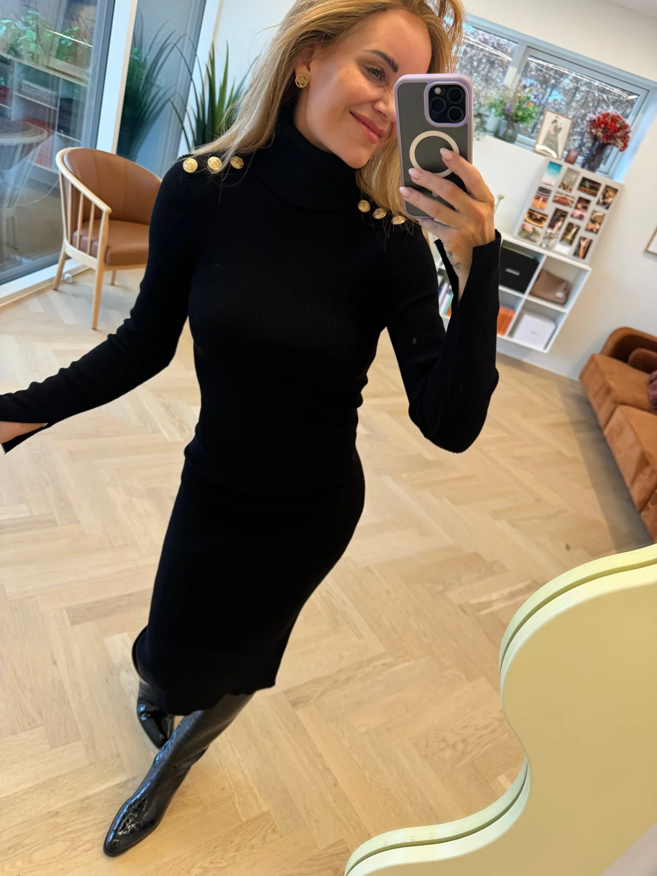 Valentin Studio Gold Button Knit Roll Dress