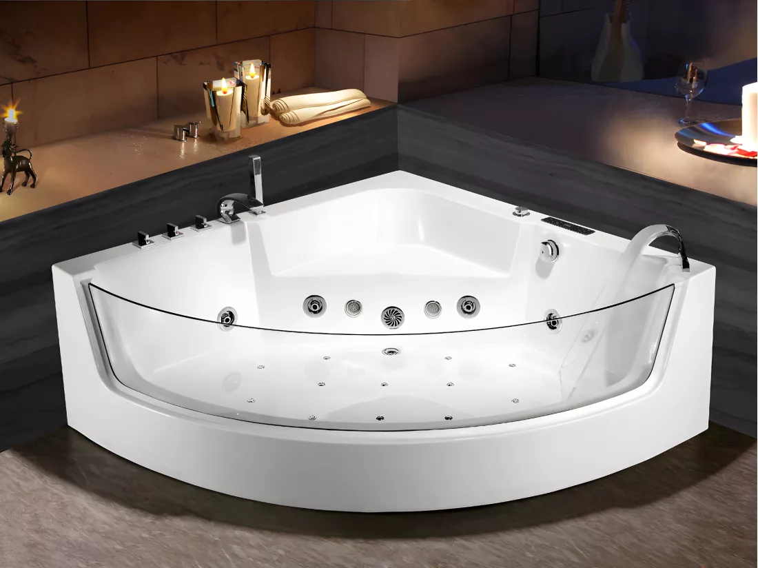 Baignoire balnéo d'angle vitrée ETHRA - 1 place - 255 L - 150*150*57cm - Blanche