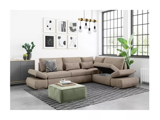 Canapé d'angle 4 places réversible Sebastian convertible avec coffre en velours côtelé - Taupe - L267 x P200 x H90cm - Loungitude