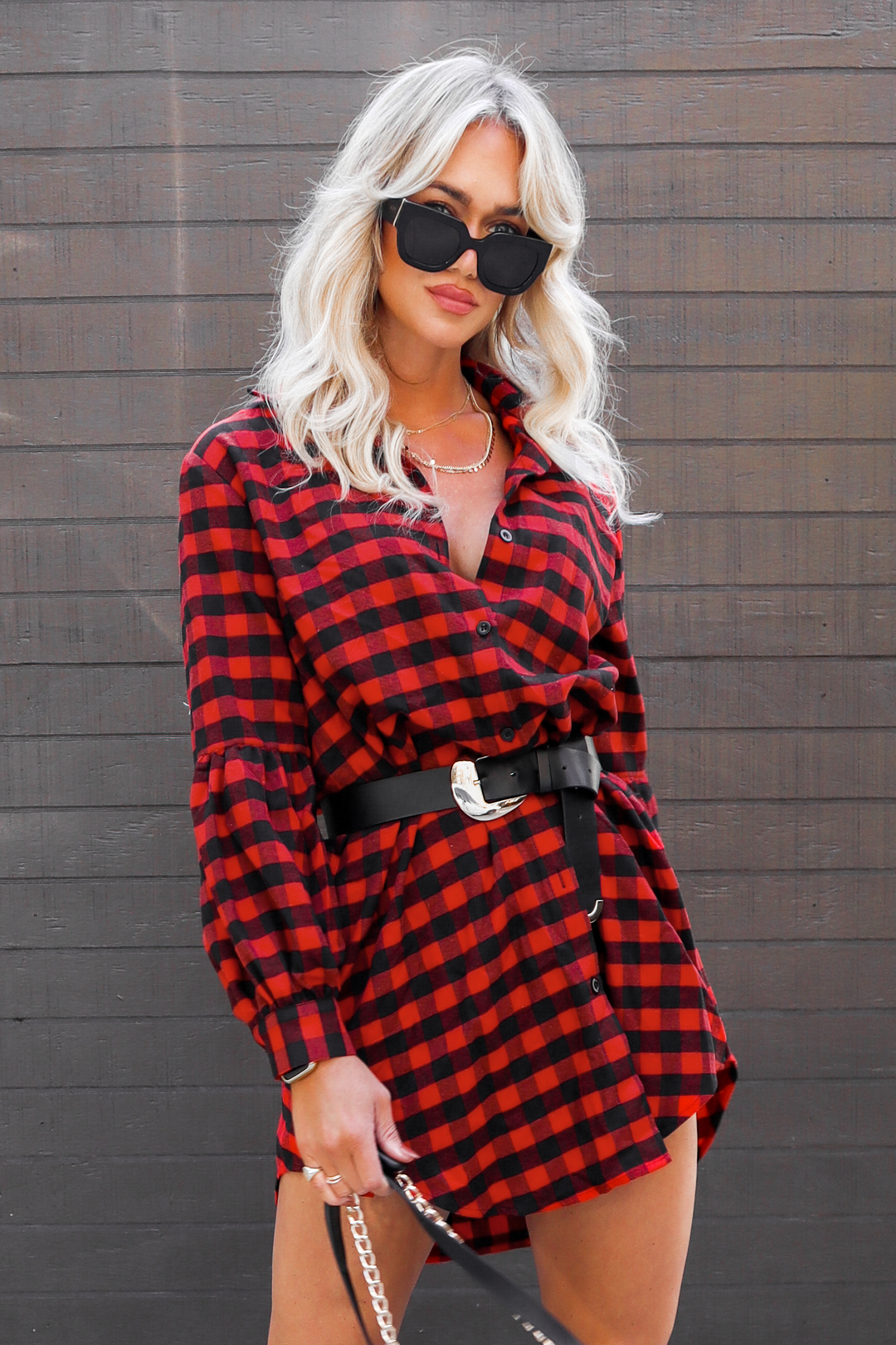 Robe chemise à manches longues avec boutons en carreaux