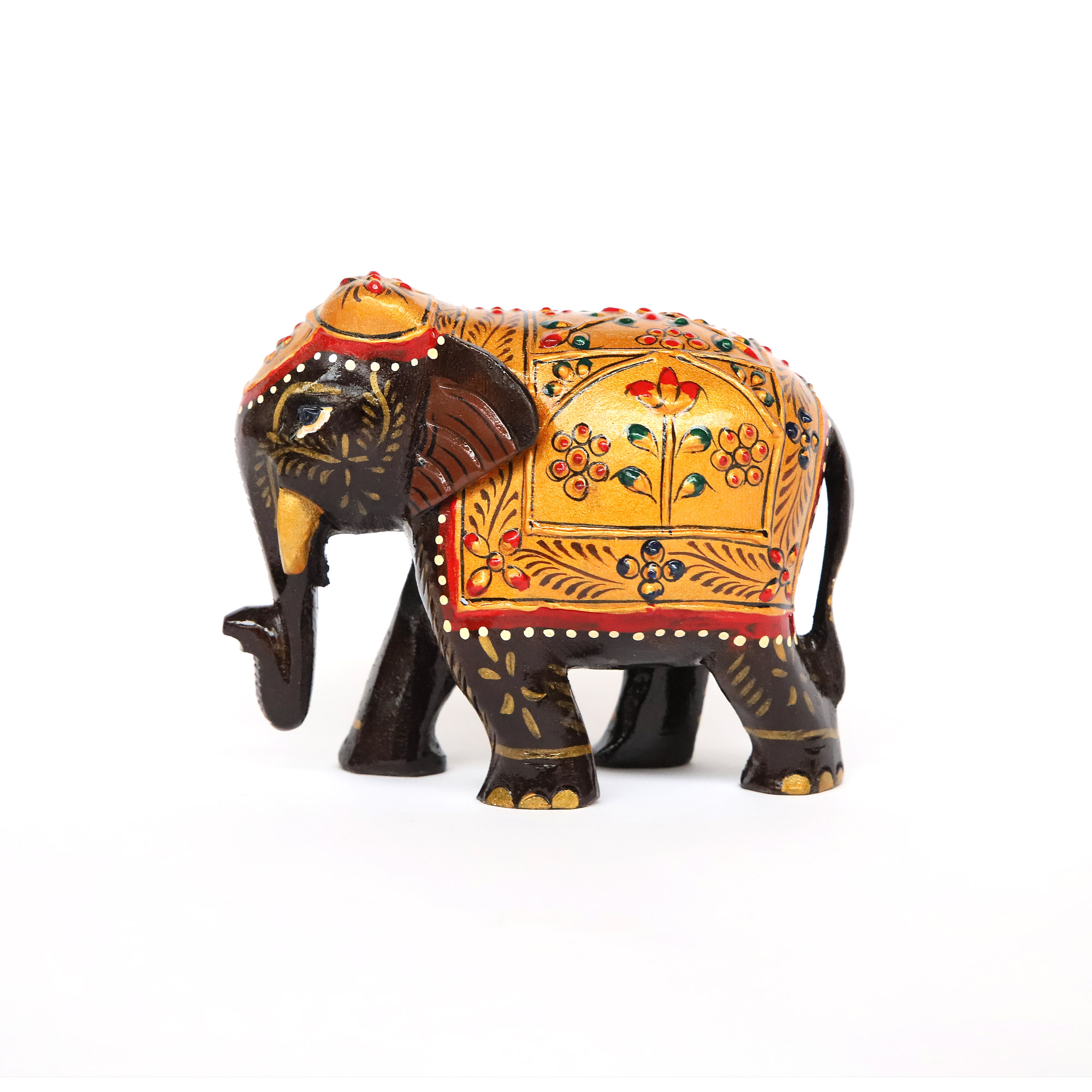 Elefant mit Satteldecke, Holz, gelb-rot, H 11 cm, B 12 cm, T 6 cm von fischer's lagerhaus