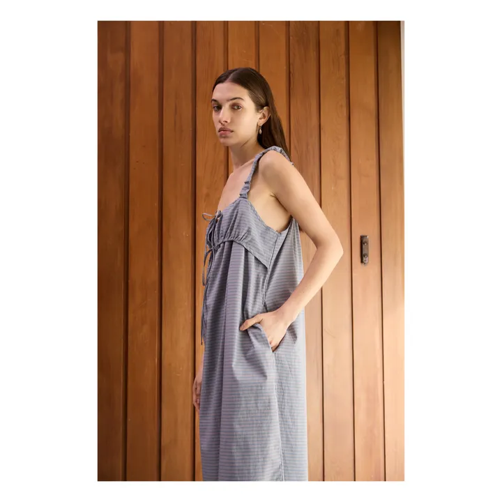 Deiji Studios Robe Ruched Tie Carreaux Popeline de Coton Bio | Bleu