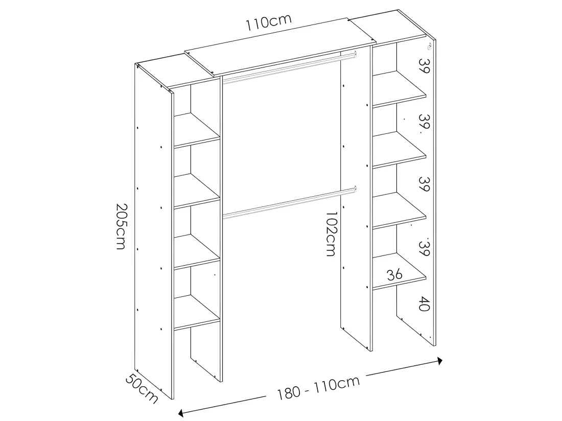 Armoire placard extensible coloris blanc - Longueur 110-180 x Hauteur 205 x Profondeur 50 cm