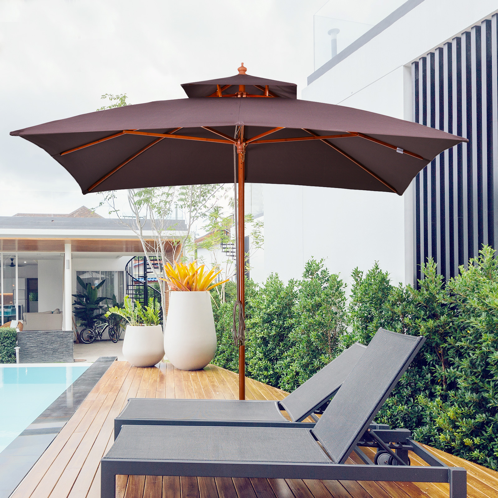 Guarda-sol de bambu Outsunny 3x3x3 m com cobertura dupla, sistema de polias à prova d'água para terraço e varanda, marrom