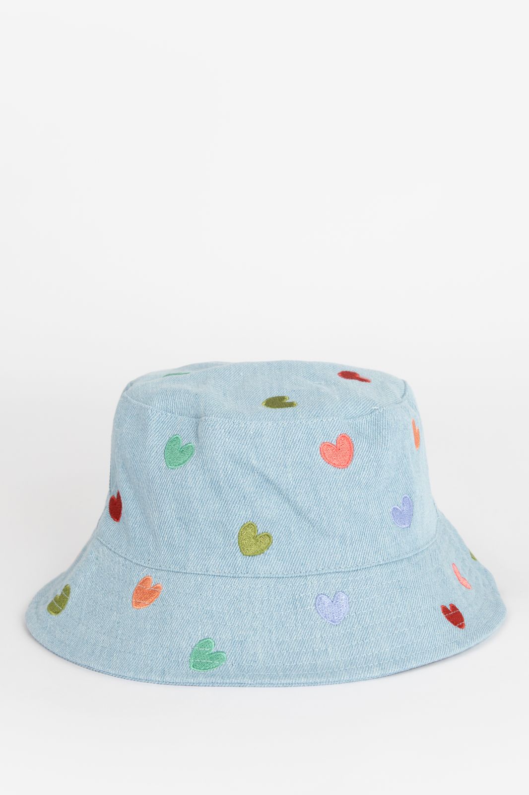 Denim bucket hat met hartjes embroidery