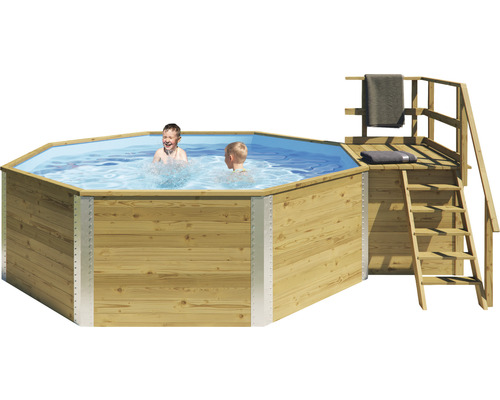 Opbouw houten zwembadset Weka 593 B rond Ø 397x116 cm incl. zandfiltersysteem, ingebouwde skimmer, filterzand, bodembeschermvlies & technische ruimte incl. houten trap met leuning
