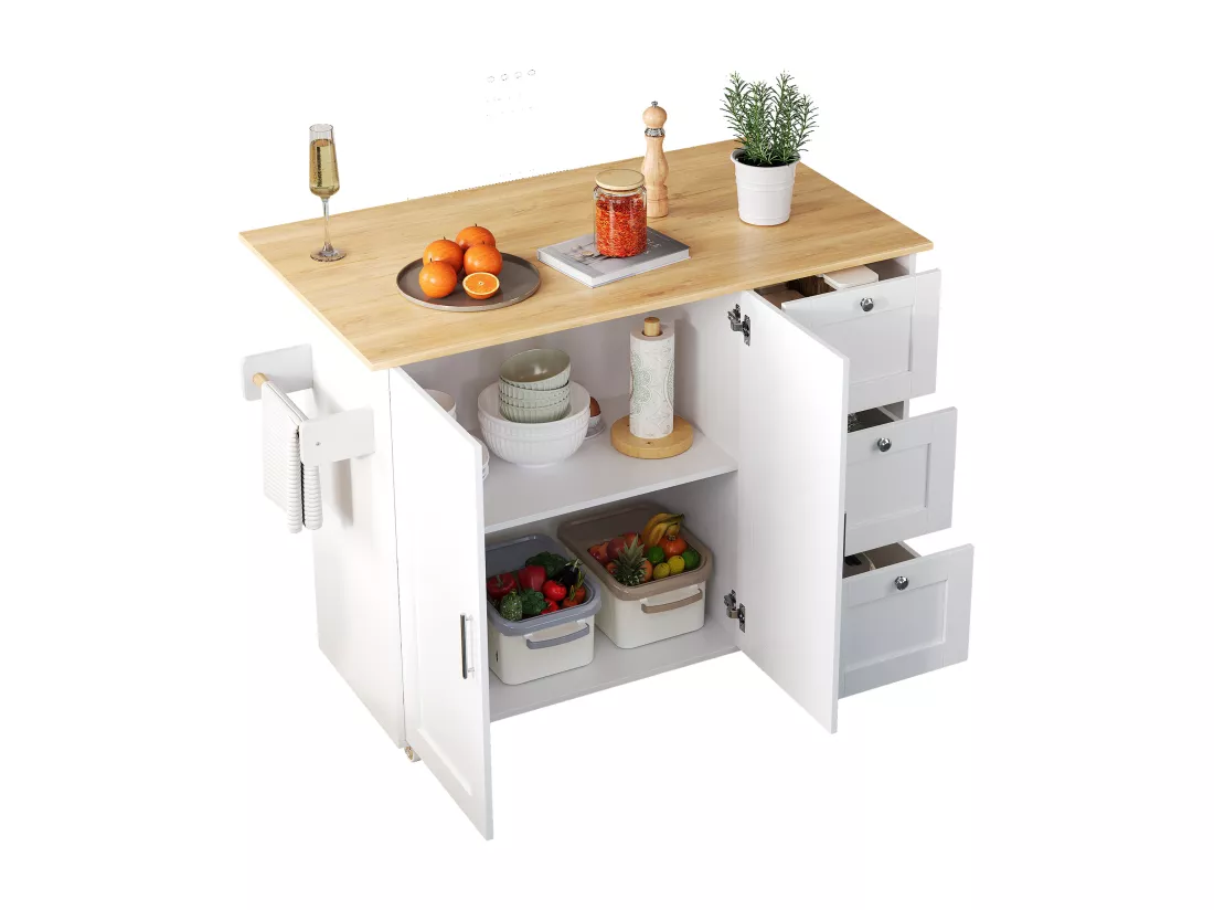 Ilot central de cuisine mobile avec 2 portes et 3 tiroirs - Plateau extensible - 135x44(70)x90 cm - Bois MDF - Blanc et naturel