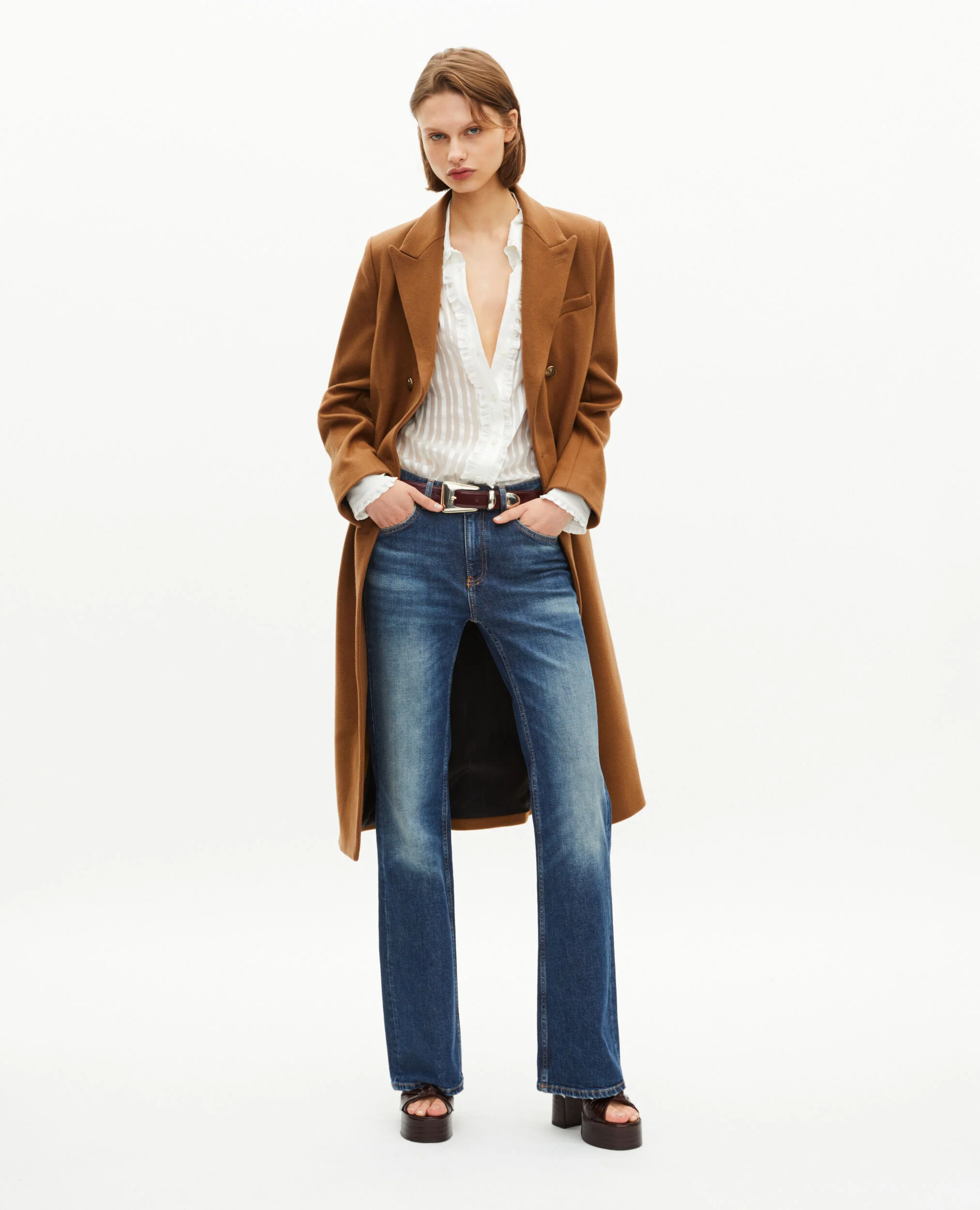 Manteau long croisé en laine camel