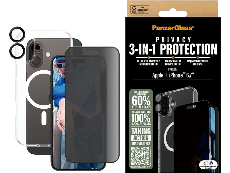 Panzerglass Displayschutz 3-in-1 Privacy iPhone 16 Plus Privacy Set 3-in-1 für das Apple iPhone 16 Plus