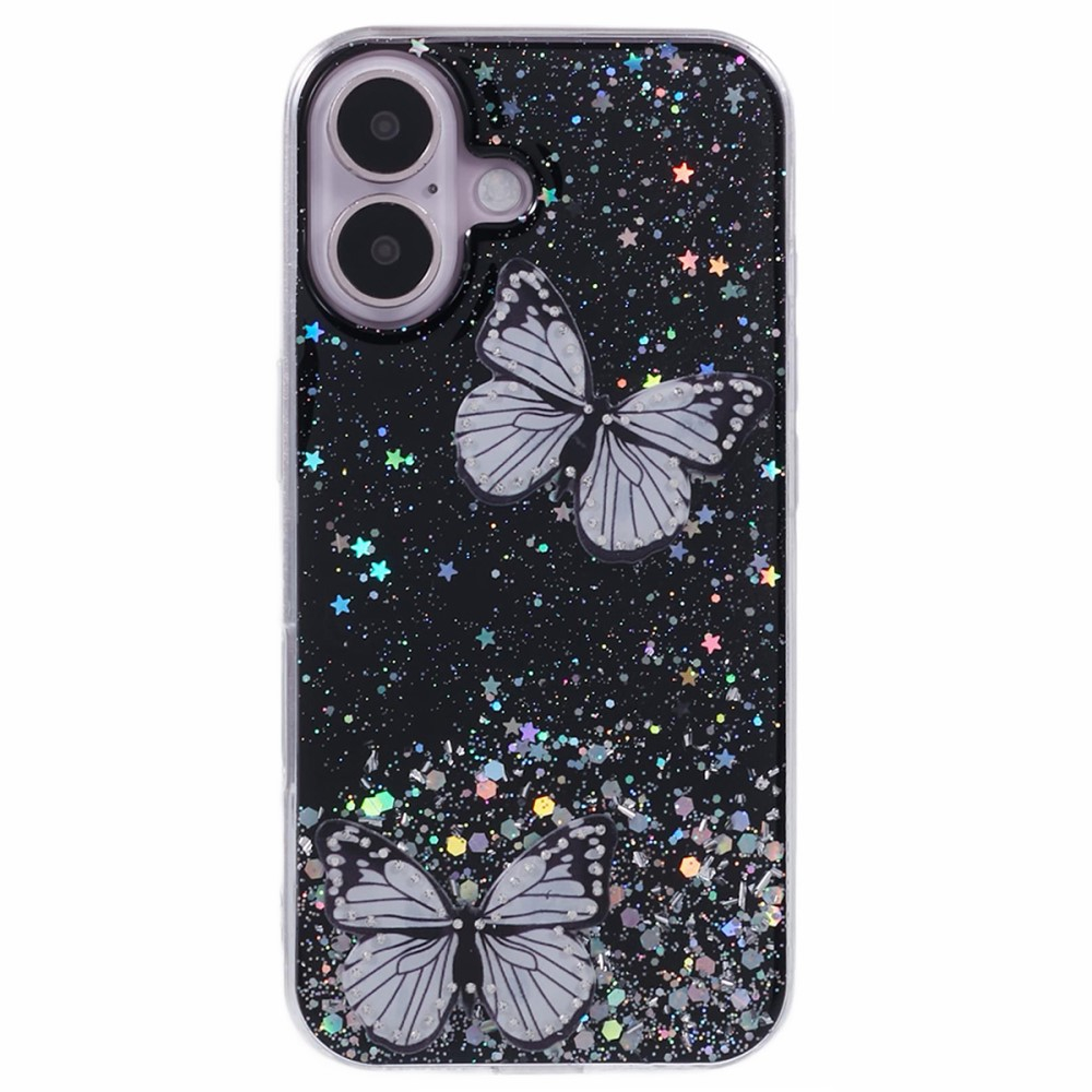 iPhone 16 Hybrid Hardcase Schutzhülle im Glitzer Design Schmetterling - Schwarz / Transparent