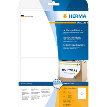 HERMA Etiketten, ablösbar, weiß, 199,6 x 143,5mm, 50 Stück